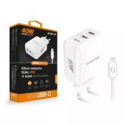 Pametni mrežni punjač ALIGATOR Power Delivery 40W, 2xUSB-C, USB-C kabel za iPhone/iPad, bijeli
