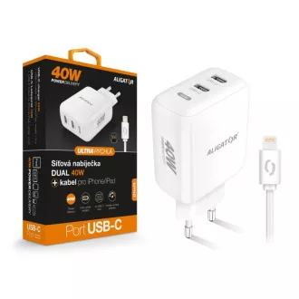 Pametni mrežni punjač ALIGATOR Power Delivery 40W, 2xUSB-C, USB-C kabel za iPhone/iPad, bijeli
