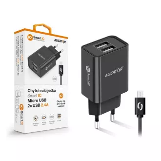 Pametni mrežni punjač ALIGATOR 2.4A, 2xUSB, smart IC, crni, mikro USB kabel