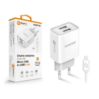 Pametni mrežni punjač ALIGATOR 2.4A, 2xUSB, smart IC, bijeli, mikro USB kabel