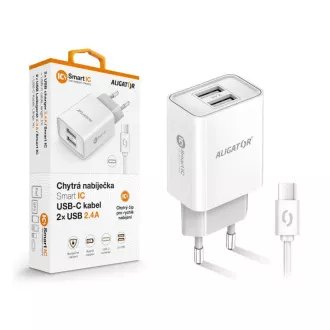 Pametni mrežni punjač ALIGATOR 2.4A, 2xUSB, smart IC, bijeli, USB-C kabel