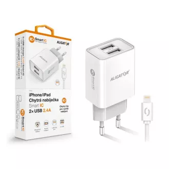 Pametni mrežni punjač ALIGATOR 2.4A, 2xUSB, smart IC, bijeli, USB kabel za iPhone/iPad