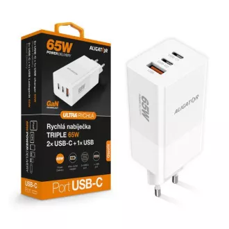 Aligator punjač PD65W, 2USB-C, 1xUSB-A, bijeli