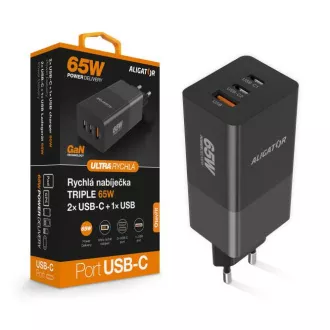 Aligator punjač PD65W, 2USB-C, 1xUSB-A, crni