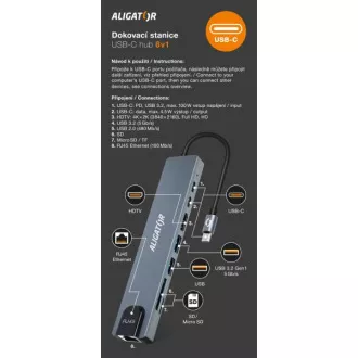Aligator priključna stanica USB-C / Hub 8 u 1 (USB-C / 2xUSB / SD / MicroSD / HDTV / RJ45) Aligator priključna stanica USB-C / Hub 8 u 1 (USB-C / 2xUSB / SD / MicroSD / HDTV / RJ45)