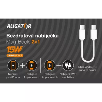 Bežični punjač ALIGATOR Mag-Book 2 u 1, dizajniran za MagSafe i Apple Watch punjenje, 15W, bijeli