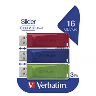 Verbatim USB flash pogon, USB 2.0, 16GB, Slider, zelena, plava, crvena, 49326, USB A, s uvlačivim konektorom, 3 kom.