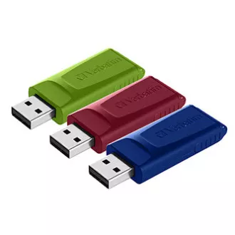 Verbatim USB flash pogon, USB 2.0, 16GB, Slider, zelena, plava, crvena, 49326, USB A, s uvlačivim konektorom, 3 kom.
