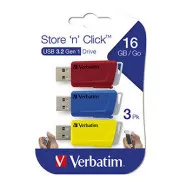 Verbatim USB flash pogon, USB 3.0, 16GB, Store N Click, mješovite boje, 49306, USB A, s uvlačivim konektorom, 3 kom