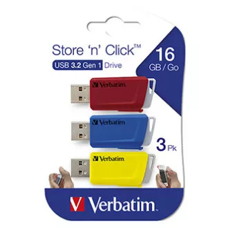 Verbatim USB flash pogon, USB 3.0, 16GB, Store N Click, mješovite boje, 49306, USB A, s uvlačivim konektorom, 3 kom