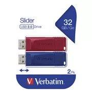 Verbatim USB flash pogon, USB 2.0, 32GB, Slider, crvena, plava, 49327, USB A, s uvlačivim konektorom, 2 kom