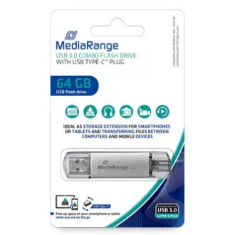 MediaRange USB flash pogon, USB 3.0, 64GB, srebrni, MR937, USB A / USB C, s poklopcem