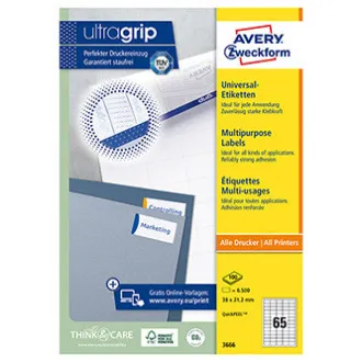 Avery Zweckform etikete 38 x 21,2 mm, A4, bijele, 65 etiketa, pakirano 100 kom., 3666, za laserske i inkjet pisače, kopirne uređaje