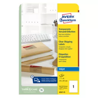 Avery Zweckform naljepnice 210mm x 297mm, A4, prozirne, transparentne, 1 naljepnica, za pakete, pakirano 25 kom, J8567-25, za tintu Avery Zweckform naljepnice 210mm x 297mm, A4, prozirne, transparentne, 1 naljepnica, za pakete, pakirano 25 kom, J8567-25, za tintu