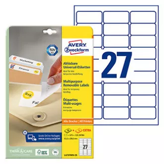 Avery Zweckform naljepnice 63,5 mm x 29,6 mm, A4, bijele, 27 naljepnica, uklonjive, paket od 25, L4737REV-25, za laser i tintu