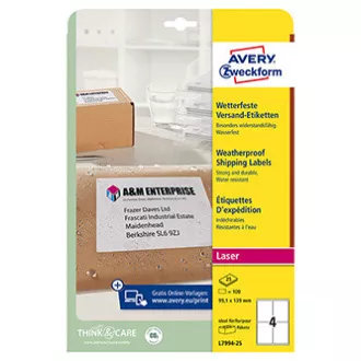 Avery Zweckform naljepnice 99,1 mm x 139 mm, A4, bijele, 1 naljepnica, vodootporne, pakiranje od 25 kom, L7994-25, za laserske pisače