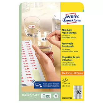 Avery Zweckform naljepnice s cijenama 26 mm x 16 mm, A4, bijele, 102 naljepnice, uklonjive, paket od 25, L3410REV-25, za laser i inkjet
