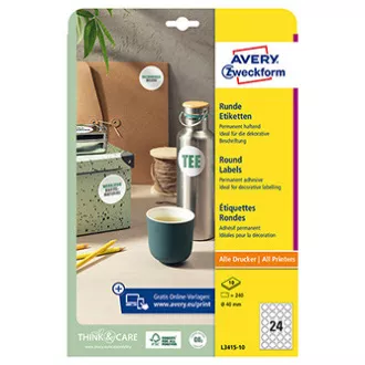Avery Zweckform naljepnice 40 mm, A4, bijele, 24 naljepnice, pakiranje od 10 kom, L3415-10, za laserske i inkjet pisače, fotokopirne uređaje Avery Zweckform naljepnice 40 mm, A4, bijele, 24 naljepnice, pakiranje od 10 kom, L3415-10, za laserske i inkjet pisače, fotokopirne uređaje