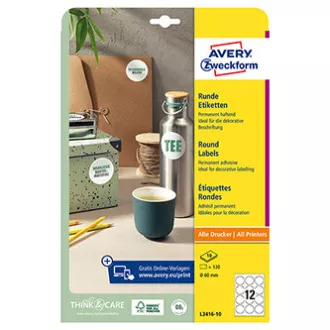Avery Zweckform naljepnice 60 mm, A4, bijele, 12 naljepnica, pakiranje od 10, L3416-10, za laserske i inkjet pisače, fotokopirne uređaje