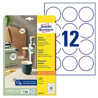 Avery Zweckform naljepnice 60 mm, A4, bijele, 12 naljepnica, pakiranje od 10, L3416-10, za laserske i inkjet pisače, fotokopirne uređaje