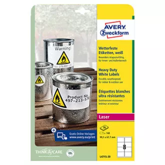 Avery Zweckform naljepnice 99,1 mm x 67,7 mm, A4, mat, bijele, 8 naljepnica, vrlo izdržljive, pakiranje od 20, L4715-20, za laserske pisače
