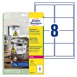 Avery Zweckform naljepnice 99,1 mm x 67,7 mm, A4, mat, bijele, 8 naljepnica, vrlo izdržljive, pakiranje od 20, L4715-20, za laserske pisače