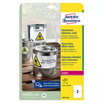 Avery Zweckform naljepnice 210 mm x 148 mm, A4, mat, bijele, 2 naljepnice, vrlo izdržljive, pakiranje od 20 kom, L4717-20, za laserske pisače