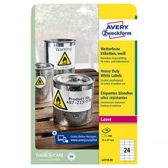 Avery Zweckform naljepnice 70mm x 37mm, A4, mat, bijele, 24 naljepnice, vrlo izdržljive, pakiranje od 20, L4718-20, za laserske pisače