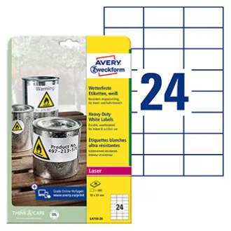 Avery Zweckform naljepnice 70mm x 37mm, A4, mat, bijele, 24 naljepnice, vrlo izdržljive, pakiranje od 20, L4718-20, za laserske pisače