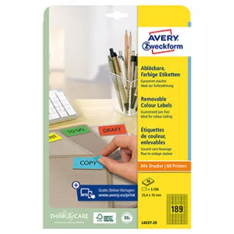 Avery Zweckform naljepnice 25,4 mm x 10 mm, A4, žute, 189 naljepnica, mini, uklonjive, pakirane po 20 komada, L6037-20, za laser i inkjet