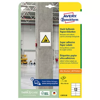 Avery Zweckform naljepnice 105 mm x 48 mm, A4, bijele, 12 naljepnica, visoka ljepljivost, paket od 20, L7875-20, za laser i inkjet