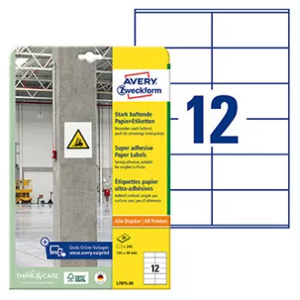 Avery Zweckform naljepnice 105 mm x 48 mm, A4, bijele, 12 naljepnica, visoka ljepljivost, paket od 20, L7875-20, za laser i inkjet