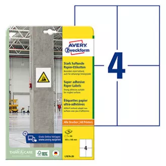 Avery Zweckform naljepnice 105 mm x 148 mm, A4, bijele, 4 naljepnice, visoka ljepljivost, paket od 20, L7876-20, za laser i inkjet