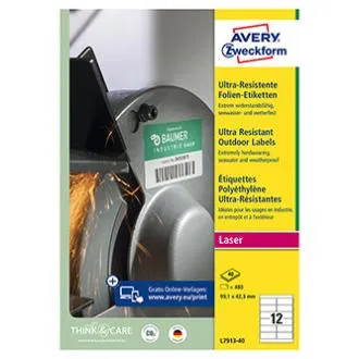 Avery Zweckform etikete 99,1 mm x 42,3 mm, A4, bijele, 12 etiketa, vrlo izdržljive, pakiranje od 40, L7913-40, za laserske pisače i Avery Zweckform etikete 99,1 mm x 42,3 mm, A4, bijele, 12 etiketa, vrlo izdržljive, pakiranje od 40, L7913-40, za laserske pisače i