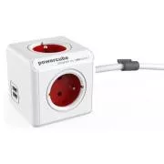 Kabel za napajanje 230V produžni, CEE7 (utikač) - POWERCUBE, 1.5m, EXTENDED USB, crveni, POWERCUBE, 4 utičnice, 2xUSB port, dječji p
