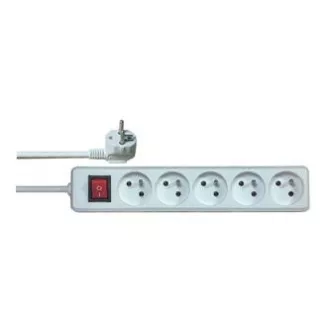 Mrežni kabel 230V produžni, CEE7 (utikač) - utičnica 5x, 5m, VDE odobren, bijeli, sa prekidačem