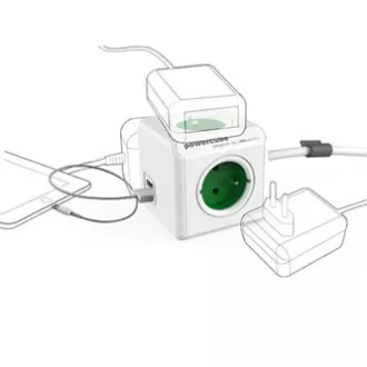 Mrežni kabel 230V produžni, CEE7 (utikač) - POWERCUBE, 1,5 m, PRODUŽENI USB, zeleni, POWERCUBE, 4 utičnice, 2xUSB priključak, dječji