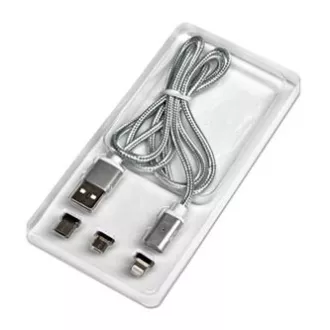 USB kabel s terminalima (2.0), USB A muški - microUSB muški + Apple Lightning muški + USB C sam, 1m, okrugli, pleteni, srebrni,