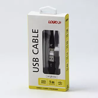 USB kabel s logom (2.0), USB A muški - USB C muški, 1 m, 480 Mb/s, 5V/3A, crni, kutija, najlonski oplet, aluminijski poklopac konektora