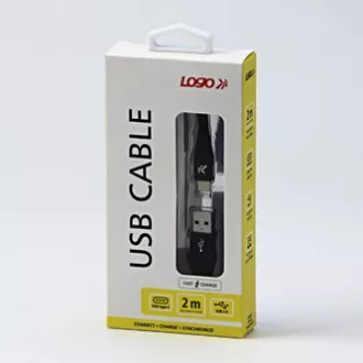 Logo USB kabel (2.0), USB A muški - USB C muški, 2m, 480 Mb/s, 5V/3A, crni, kutija, najlonska pletenica, aluminijski poklopac konektora