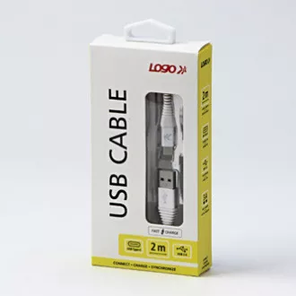 Logo USB kabel (2.0), USB A muški - USB C muški, 2m, 480 Mb/s, 5V/3A, bijeli, kutija, najlonska pletenica, aluminijski poklopac konektora