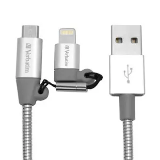 Verbatim USB kabel (2.0), USB A muški - microUSB muški + Apple Lightning muški, 1m, srebrni, kutija, 48869, 2 u 1 - podesivo