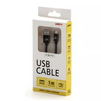 Logo USB kabel (2.0), USB A muški - microUSB muški, 1m, 480 Mb/s, 5V/2A, crni, kutija, najlonski oplet, aluminijski poklopac konektora