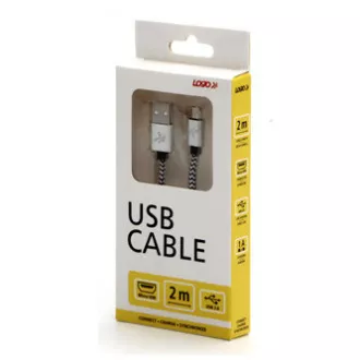 Logo USB kabel (2.0), USB A muški - microUSB muški, 2m, 480 Mb/s, 5V/1A, srebrni, kutija, najlonski oplet, aluminijski završni poklopac
