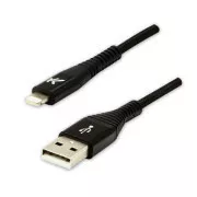 Logo USB kabel (2.0), USB A muški - Apple Lightning muški, 2m, MFi certifikat, 5V/2.4A, crni, kutija, najlonsko oplet, aluminij