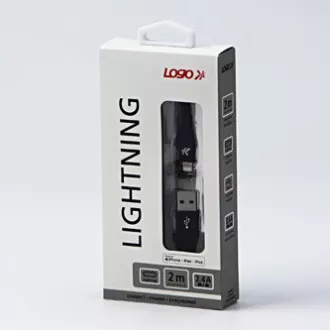 Logo USB kabel (2.0), USB A muški - Apple Lightning muški, 2m, MFi certifikat, 5V/2.4A, crni, kutija, najlonsko oplet, aluminij