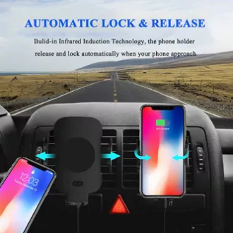 Držač za mobitel u autu, s bežičnim punjenjem, nosačem motora, senzorom pokreta, Qi, crni