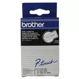 Brother originalna traka za pisač naljepnica, Brother, TC-203, plavi ispis/bijela pozadina, laminirana, 7,7 m, 12 mm