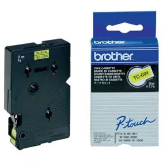 Brother originalna traka za pisač naljepnica, Brother, TC-691, crni ispis/žuta podloga, laminirana, 7,7 m, 9 mm