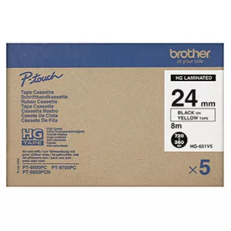Brother originalna traka za pisač naljepnica, Brother, HGE-651, crni ispis/žuta podloga, 8m, 24 mm, 5 kom u pakiranju, cijena za pakiranje